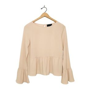 ASOS Design Lightweight‎ Long Bell Sleeve Peplum Blouse Neutral Nude Beige 4